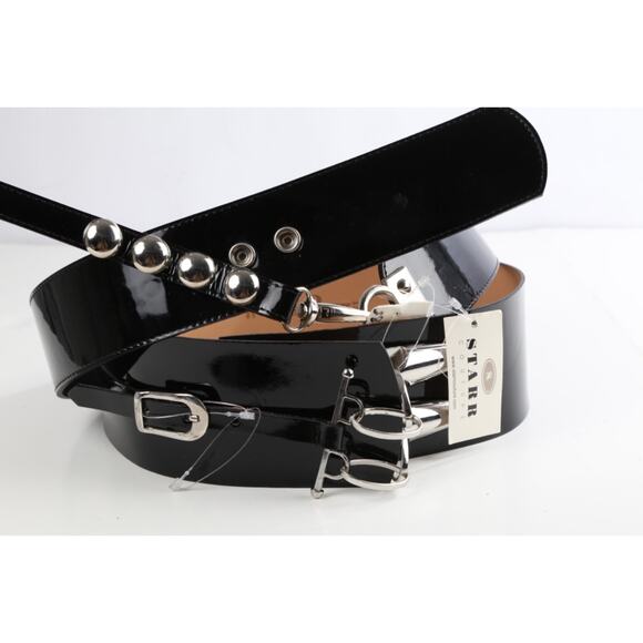 Vintage Set of 2 Black Patent Leather Wide Belts Silver Studded Chain Punk M 85 - Picture 3 of 16